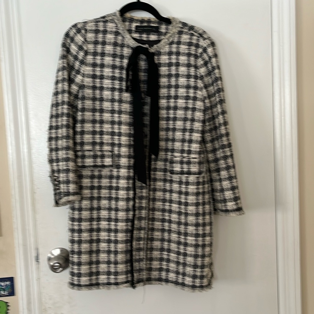 Good condition Zara navy and cream long tweed jacket with black crepe bow.